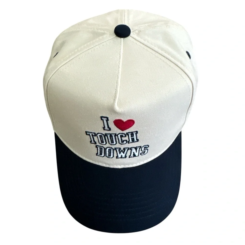 Anthropologie Kenz Kustomz I Heart Touch Downs Cream Navy Cotton Trucker Hat New